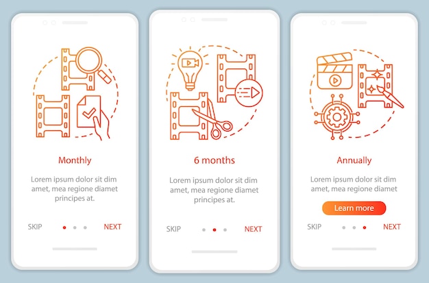 Video editor subscription onboarding mobile app page screen with linear concepts