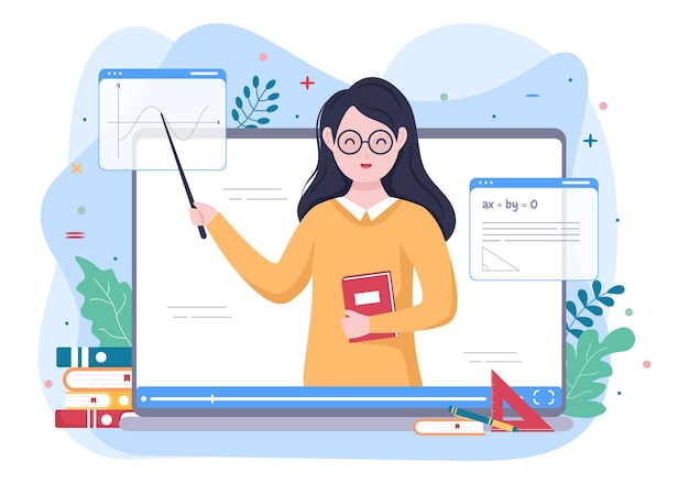Video Education Content Creator Background With Teachers Who Teach Various Formulas and Questions for Training. Flat Design