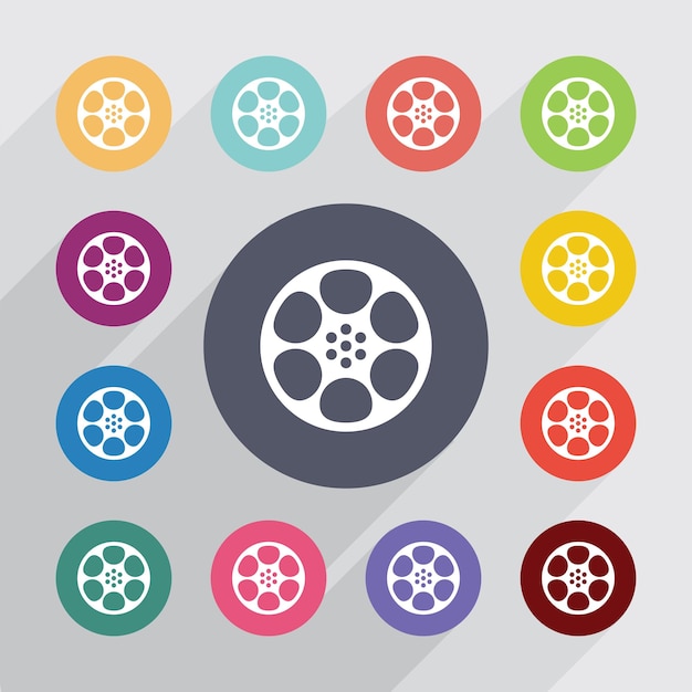 Video film, flat icons set. Round colourful buttons. Vector