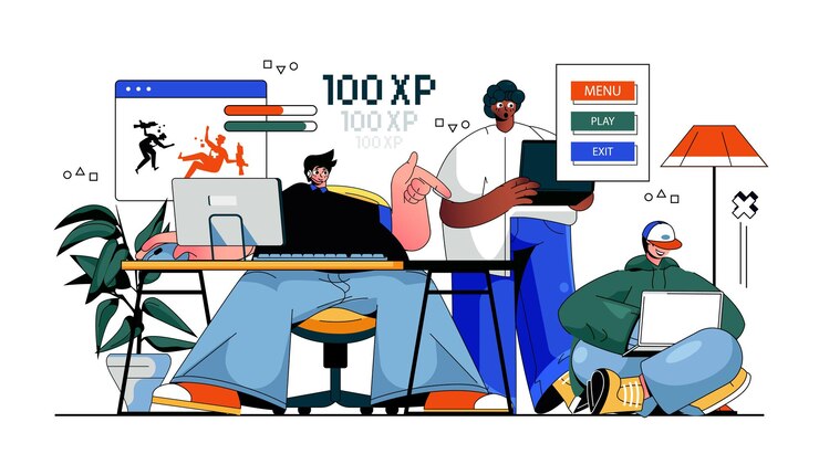 Vector video game concept for modern web design people playing games online gaming by computer or laptop team taking part in esport competition flat vector illustration isolated on white background