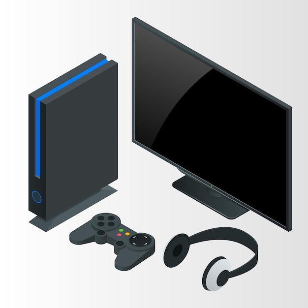 video game console isometric vector illustration. game gadgets isometric icons collection of consoles joysticks gamepads