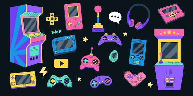ビデオゲームコントロール レトロジョイスティックアイコン アーケードスティック 手持ちのヴィンテージコンピュータ ガジェットキーボードのボタンを再生 ノスタルジアゲーム要素セット ベクトル技術 整理されたイラスト