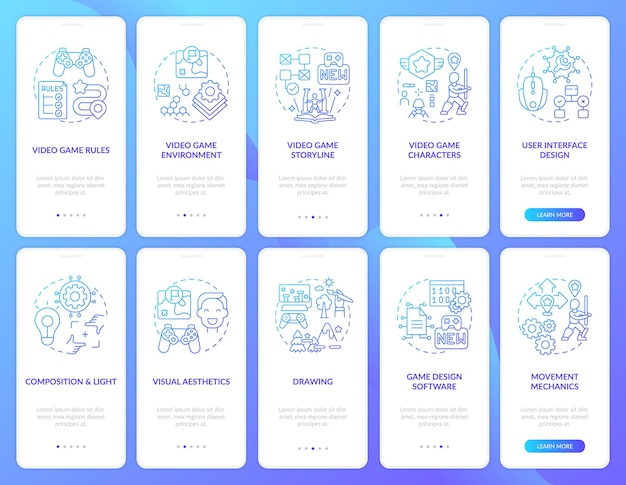 video game design onboarding mobile app page screen with concepts set. video game creation process walkthrough steps graphic instructions. ui template with rgb color illustrations