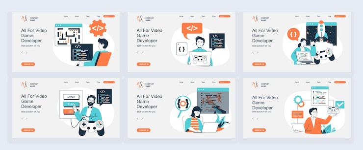 Vector video game developer concept of landing page with slide templates set in flat design website headers with people write code for computer games testing interface with joystick vector illustrations