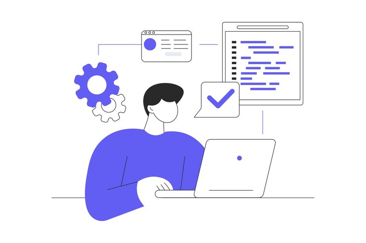 Vector video game developer web concept man creating new game project programming and coding algorithm