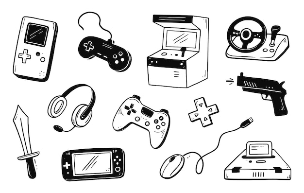 Vector video game hand drawn doodle set video gamer console joystick gadget element