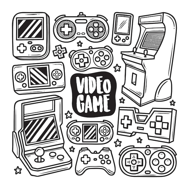 Vector video game icons hand drawn doodle coloring