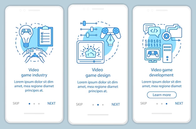 video game industry onboarding mobile app page screen vector template. computer game development, design. walkthrough website steps with linear illustrations. ux, ui, gui smartphone interface concept