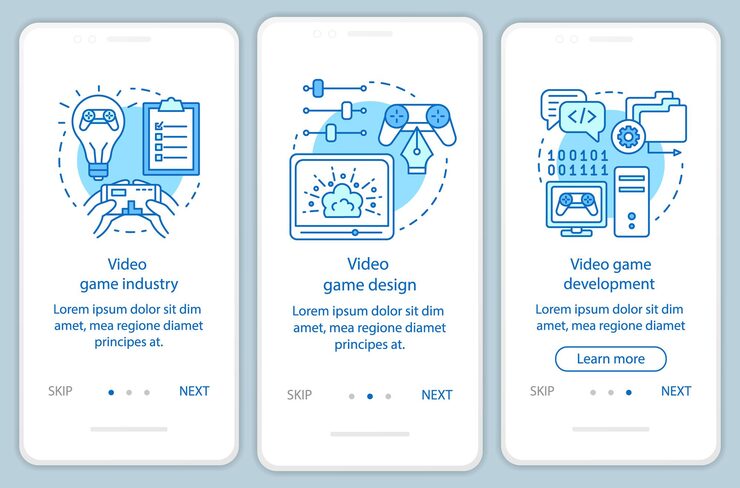 Vector 電腦遊戲開發,設計. 通過線性插圖的網站步. ux, ui, gui 智能手機介面概念