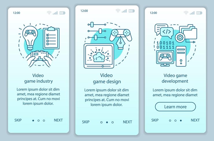 Vector 비디오 게임 산업 온보딩 모바일 앱 페이지 화면 벡터 템플릿. 컴퓨터 게임 개발, 디자인. 선형 삽화가 포함된 연습 웹 사이트 단계. ux, ui, gui 스마트폰 인터페이스 개념