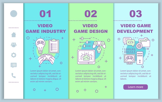 Modello vettoriale di pagine web mobili per l'onboarding dell'industria dei videogiochi. idea reattiva dell'interfaccia del sito web per smartphone con illustrazioni lineari. schermate dei passaggi della procedura dettagliata della pagina web. concetto di colore