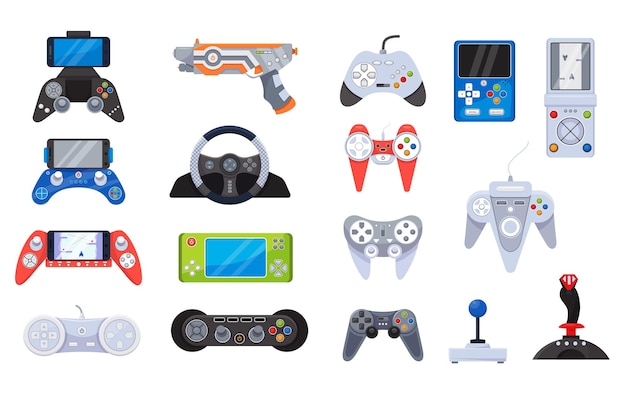 Vector video game joystick icons and gamers gadgets technology