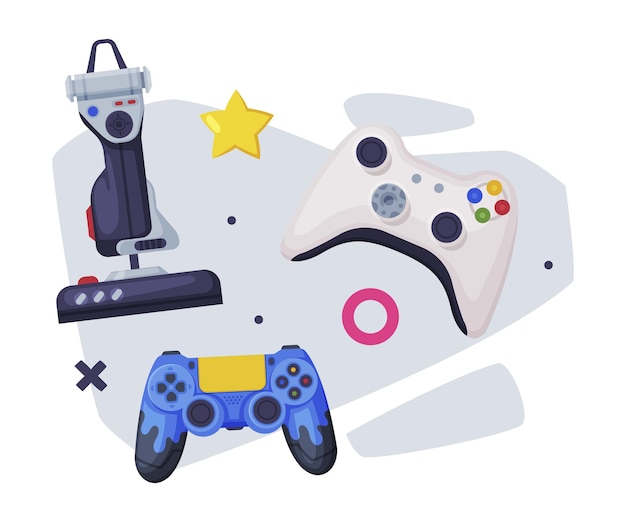 Video Game Joysticks Moderne en Retro Gamepads Spelers Consoles Cartoon Vector Illustratie