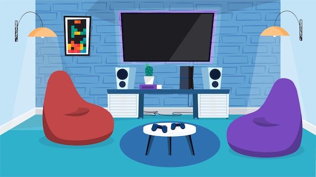 Video game room interior concept in flat cartoon design. Huge monitor on wall, music speakers, armchairs bags, table with joysticks, decor and lighting. Vector illustration horizontal background