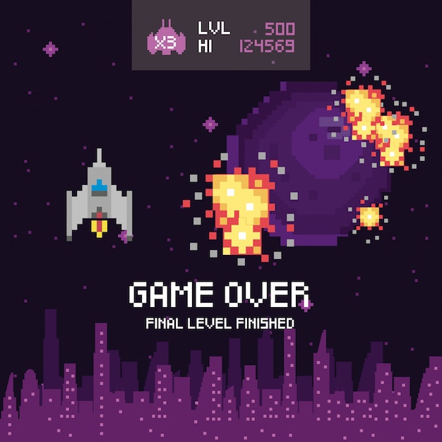 Vector video game space pixelated scene and game over message