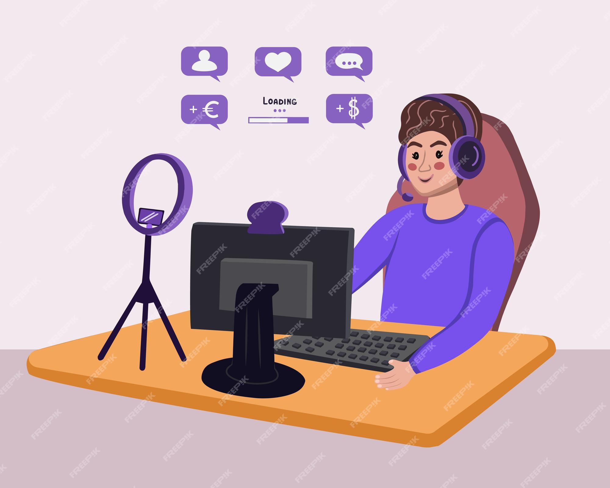 Streamer de videogame. uma garota gamer joga um jogo de dinossauro online  no laptop em casa em uma mesa. streaming online. ilustração vetorial