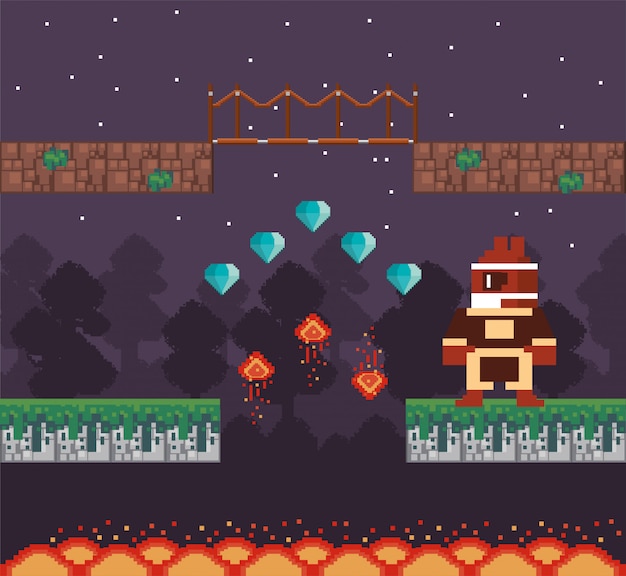 Video game warrior with diamonds in pixelated scene