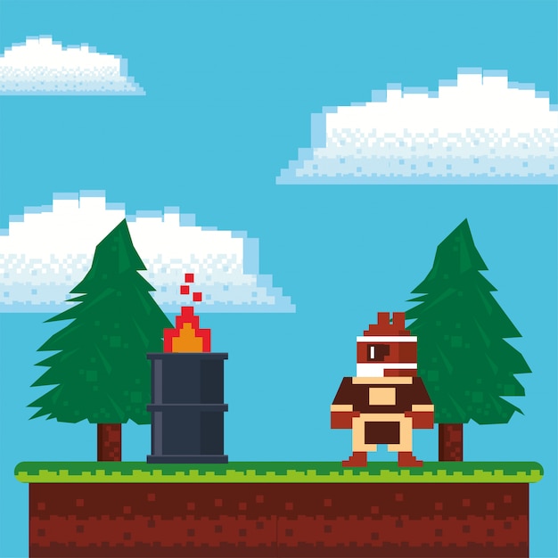 Video game warrior with flame barrel in pixelated scene