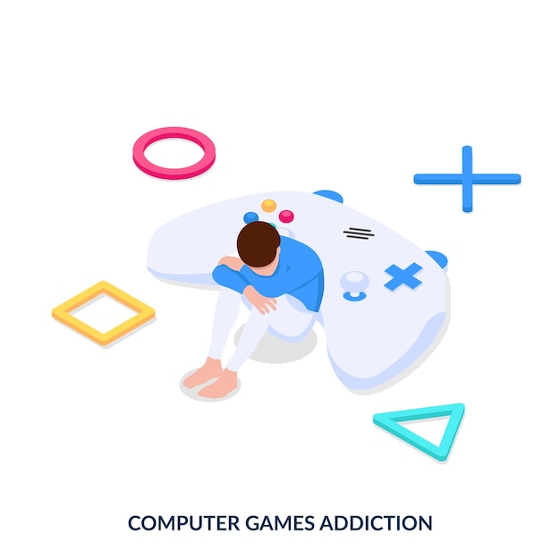 Video games addiction sad man sitting next to gamepad isometric vector illustration