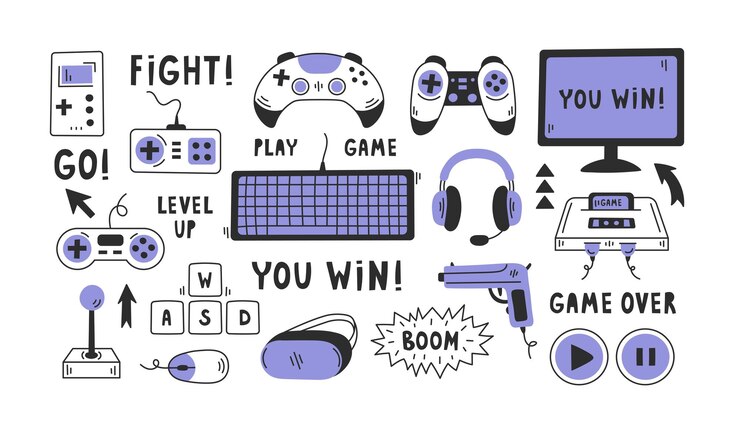 Video games doodle elements set