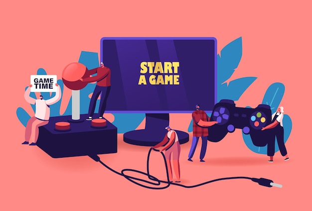 Ricreazione di videogiochi, concetto di hobby. piccoli personaggi maschili e femminili con un enorme gamepad e joystick che giocano a videogiochi su console play station e monitor del computer. cartoon persone illustrazione vettoriale