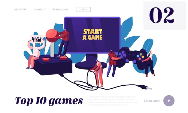 Video games recreation, hobby landing page template. tiny characters with huge gamepad and joystick playing videogame on play station console and computer monitor. cartoon people vector illustration