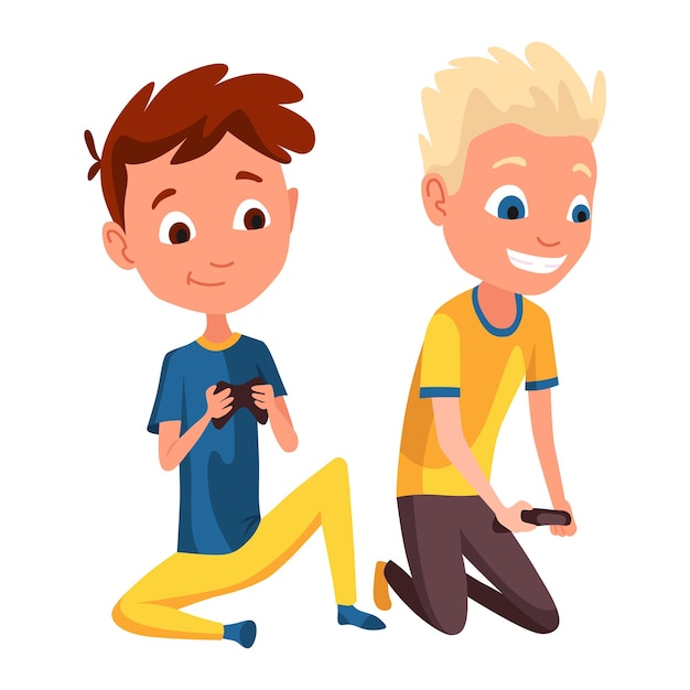 Vector video gaming kids boys playing games on joystick on game console kids video game addiction joyful teenagers vector illustration of flat design