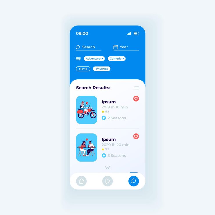 Vector 视频应用程序主机智能手机界面向量模板. 移动应用程序页面光设计布局. 内容浏览菜单屏幕. 应用程序的平面 ui. 在手机显示器上流媒体搜索结果.
