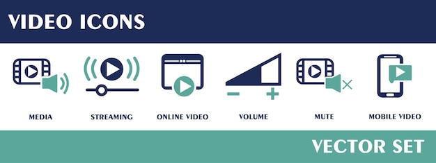 Video icons Containing media streaming online video volume mute mobile video Flat Design Vector Set