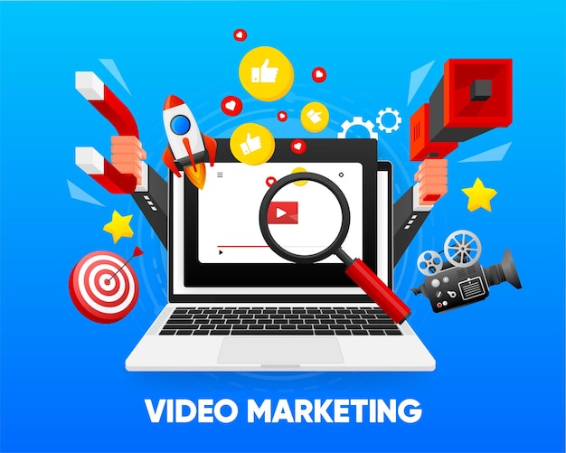 Concetto di banner di marketing video icona del webinar pubblicitario guadagnare denaro dai video con i social