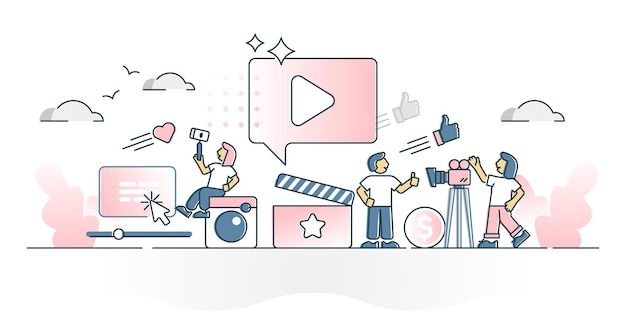 Campagna di marketing video e concetto di struttura del progetto di riprese pubblicitarie. filmato promozionale per l'illustrazione vettoriale del film sui social media. filmato di presentazione commerciale del prodotto influencer per i clienti.