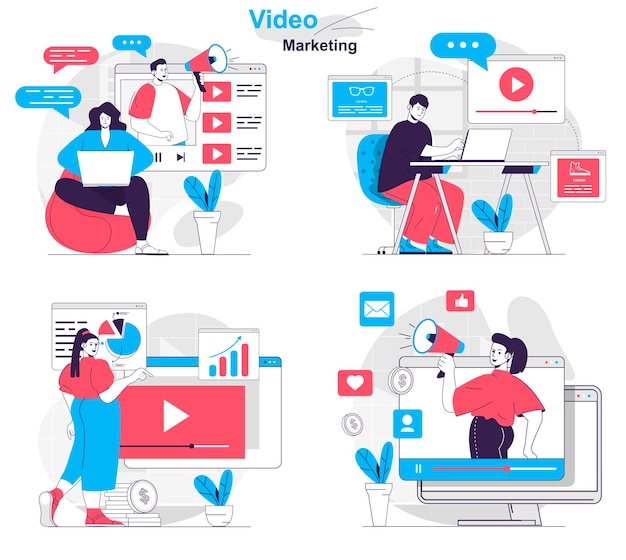 Set di concetti di marketing video creazione e promozione di video informativi pubblicitari