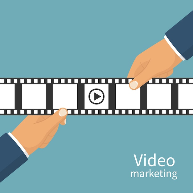 Video marketing concept Video filming isolated Movie time Presentation advertise blogging share content Coming soon Holding a negative film in hand Vector flat design Isolated background