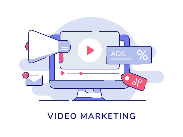 Video marketing concept video pictogram megafoon op computerscherm met platte kaderstijl