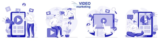 Set di video marketing isolato in design piatto le persone creano e pubblicano contenuti promozionali online