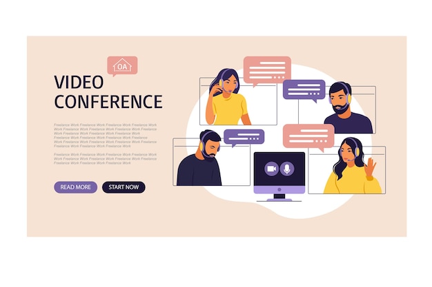 Vector video meeting of people group. online meeting via video conference. landing page. remote work, technology concept. vector illustration in flat style.