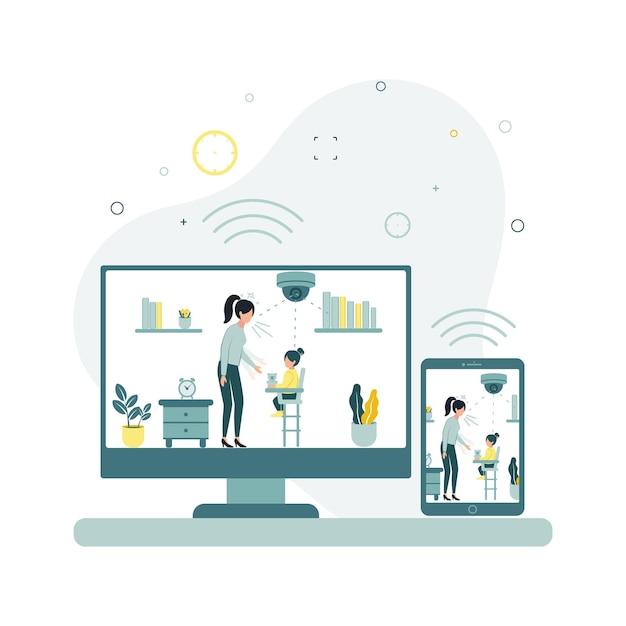 video monitoring a vector illustration of a camcorder removes a nanny with a child who offends a girl data is transferred to a tablet on the monitor there is a video from the security camera