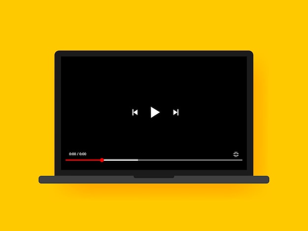 Видеоплеер на экране ноутбука. векторная иллюстрация, изолированные на желтом фоне с тенью