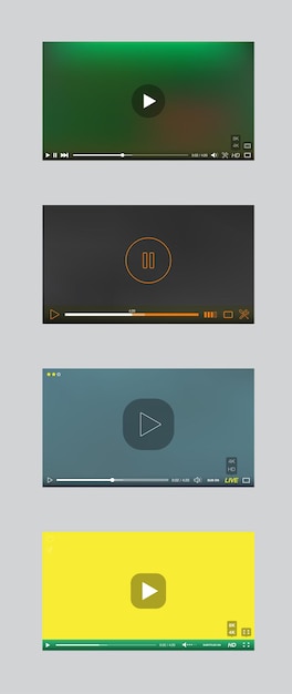 Vector video player window with menu and buttons panel vector set. user interface collection.