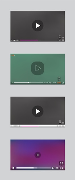 Vector video player window with menu and buttons panel vector set. user interface collection.