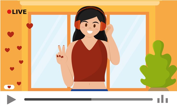 Video playing with a girl listening to music Streaming concept Vector illustration