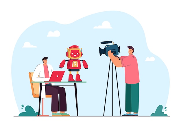 Video presentation of robotic technology by scientist. Male cameraman broadcasting TV news flat vector illustration. Digital project, science concept for banner, website design or landing web page