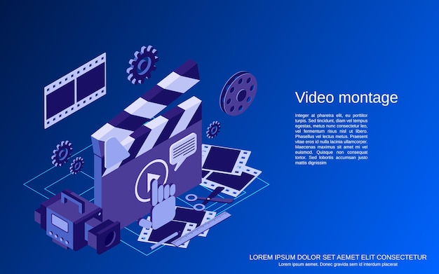 Vector video production, editing, montage flat 3d isometric vector concept illustration