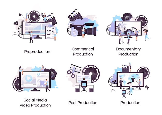 벡터 비디오 제작 평면 개념 아이콘을 설정합니다. 비디오 그래피 및 영화 제작 스티커, 클립 아트 팩. 소셜 미디어 광고, 다큐멘터리 촬영. 흰색 배경에 고립 된 만화 삽화