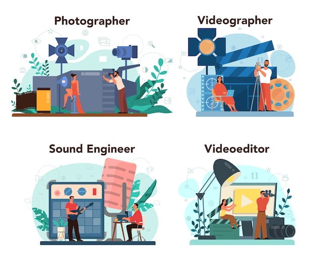 Produzione video, fotografia e set di concetti di ingegneria del suono. industria dei contenuti multimediali. realizzazione di contenuti visivi per i social media con attrezzature speciali. illustrazione vettoriale isolato