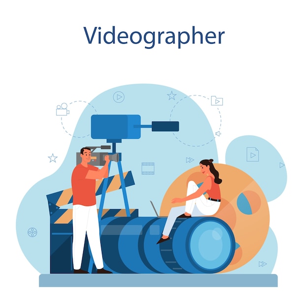 Vettore concetto di produzione video o videografo. industria cinematografica e cinematografica. realizzazione di contenuti visivi per i social media con attrezzature speciali.