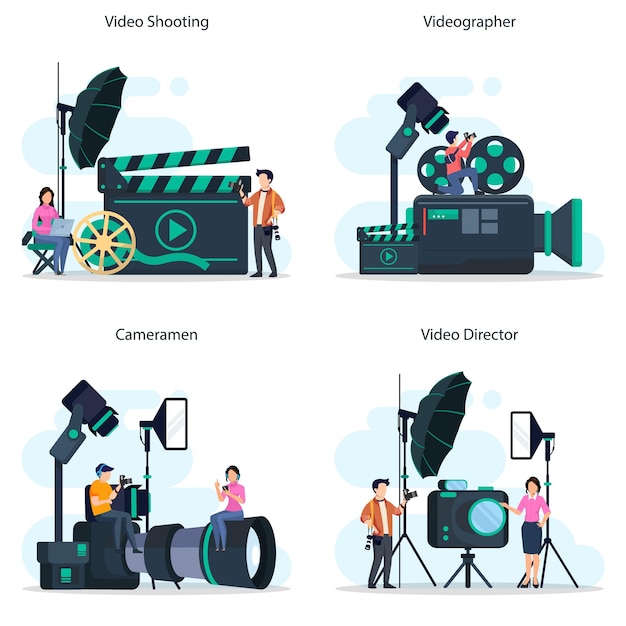 Produzione video o vettore videografo industria cinematografica e cinematografica con attrezzature speciali