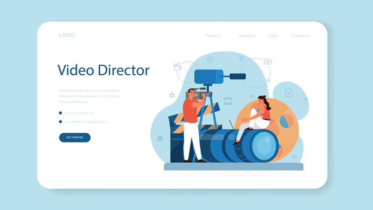Vector video production or videographer web banner or landing page. movie and cinema industry. making visual content for social media with special equipment. 