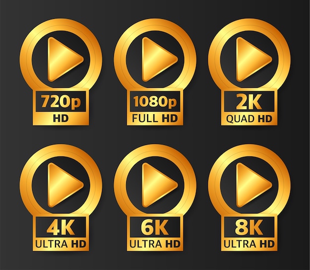 Vector video quality badges in gold color on black background. hd, full hd, 2k, 4k, 6k and 8k.