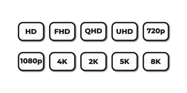 Video quality symbol 2K 4K HD video format vector illustration isolated on white background screen resolution QHD ULTRA HD text 10 eps